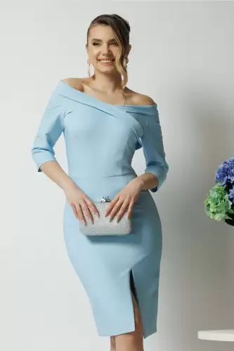 Rochie La Donna de ocazie din stofa bleu conica cu decolteu barcuta