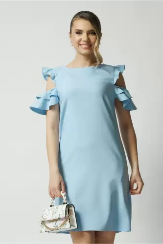 Rochie LaDonna office din stofa bleu cu volane la maneci