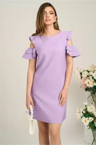 Rochie LaDonna office din stofa lila cu volane la maneci