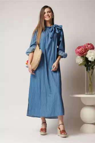 Rochie lunga casual din bumbac albastra cu dungi si funda