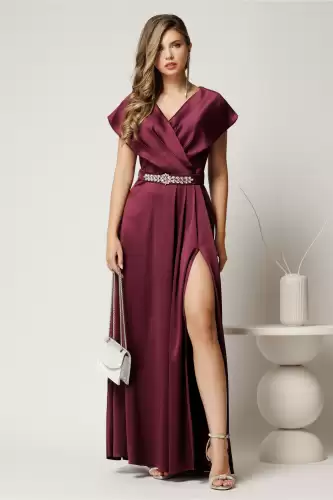 Rochie lunga de seara din tafta mov pruna cu accesoriu pe talie