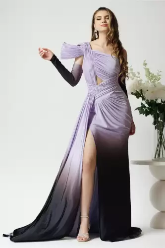 Rochie lunga eleganta din lycra mov in degradee cu fronseuri si decupaje