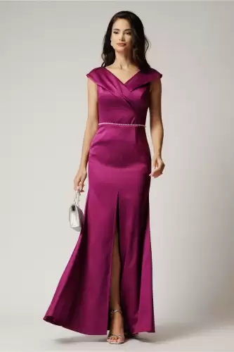 Rochie lunga magenta din tafta cu perle in talie si crapatura pe picior