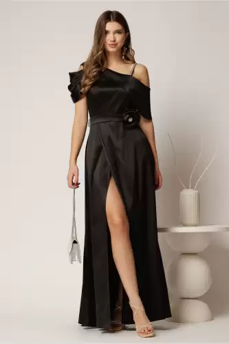 Rochie lunga neagra de seara din tafta eleganta