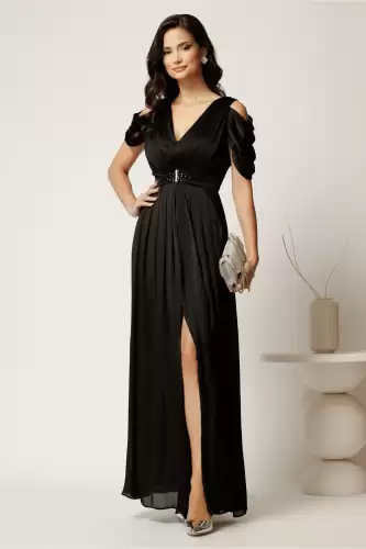 Rochie lunga neagra din voal cu strasuri in talie