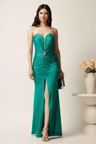 Rochie lunga verde mulata din lycra cu fronseu si accesoriu- LaDonna