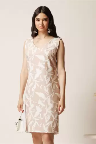 Rochie midi bej cu imprimeu alb din viscoza