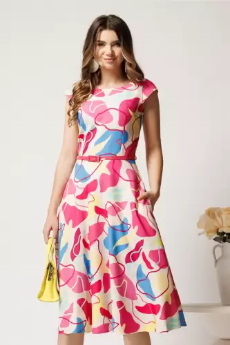 Rochie midi bej cu imprimeu fucsia si galben in clos cu buzunare si curea in talie