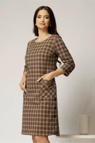 Rochie midi bej in carouri din lana cu buzunare