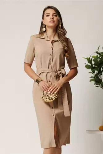 Rochie midi bej tip camasa cu nasturi si cordon in talie