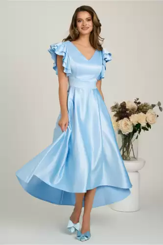 Rochie midi bleu din tafta subtire in clos cu volanase la bust