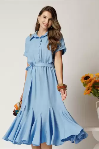 Rochie midi bleu din viscoza in clos cu nasturi si cordon