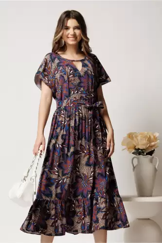 Rochie midi bleumarin din viscoza in clos cu imprimeu maro si cordon in talie