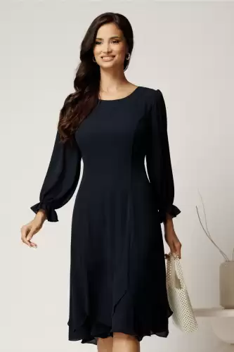 Rochie midi bleumarin din voal cu croi in clini si volane la baza