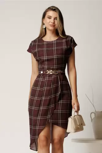Rochie midi bordo din jerse cu carouri si curea in talie