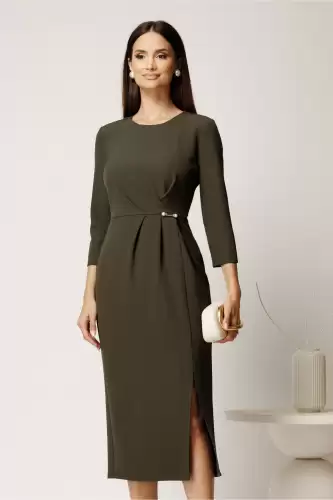 Rochie midi kaki din stofa conica cu pense si accesoriu in talie