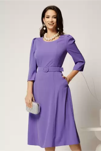 Rochie midi lila din triplu voal cu croi clos si curea in talie