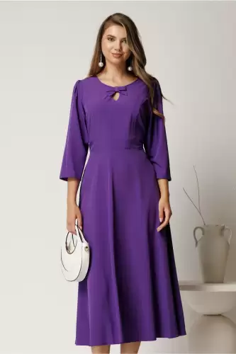 Rochie midi mov din viscoza in clos cu funda si decupaj la decolteu