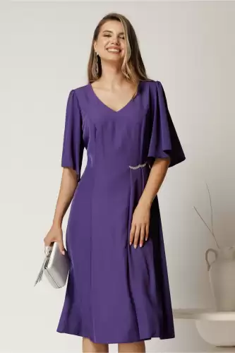 Rochie midi mov din voal cu croi in clini si strasuri in talie