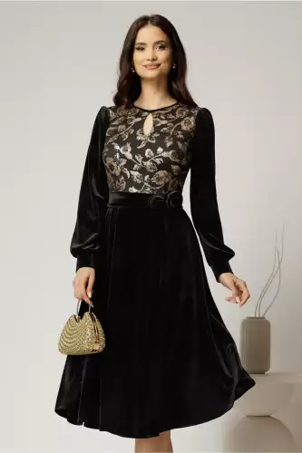 Rochie midi neagra din catifea cu bustul din paiete si cordon detasabil