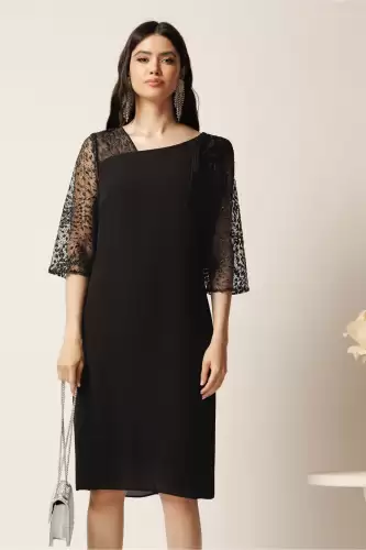 Rochie midi neagra din voal cu croi drept si glitter pe maneci- Viada