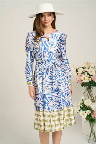 Rochie midi office bej de zi cu imprimeu albastru