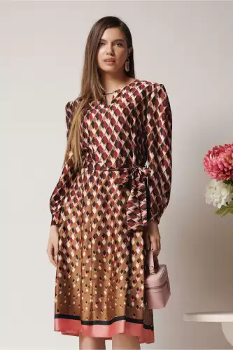 Rochie midi office de zi cu imprimeu bordo