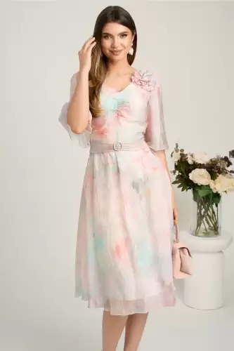 Rochie midi roz din voal cu imprimeuri bleu si floare maxi pe bust- Viada