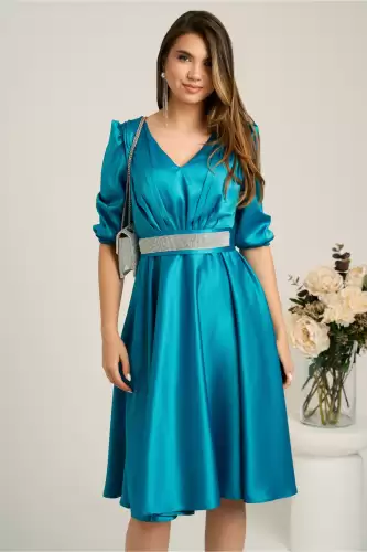 Rochie midi turcoaz din tafta in clos cu cordon in talie- Ella Collection Aria
