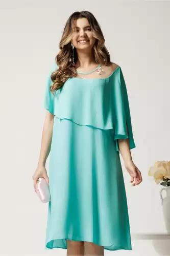 Rochie midi turcoaz din voal dreapta cu volan si broderie pe bust