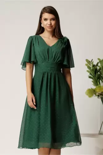 Rochie midi verde din voal cu picatele si insertii din fir lurex