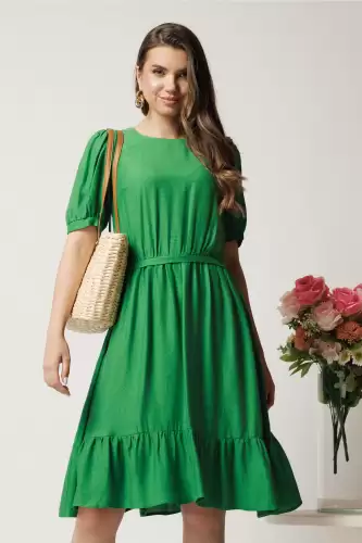 Rochie midi verde in clos din viscoza cu volan la baza- Moze