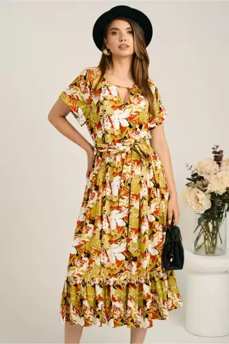 Rochie midi verde lime din viscoza in clos cu imprimeu maro si cordon in talie