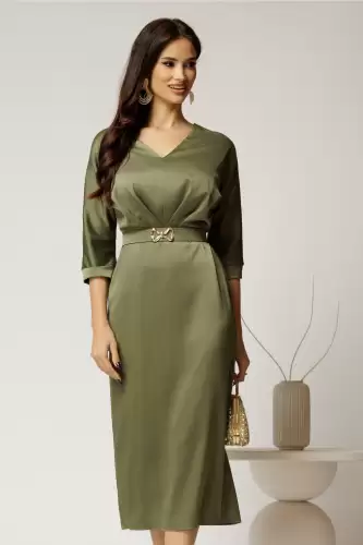 Rochie midi verde satinata cu decolteu in V