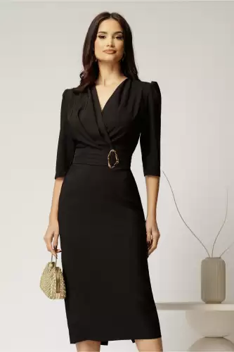 Rochie neagra conica cu decolteu petrecut si cordon in talie