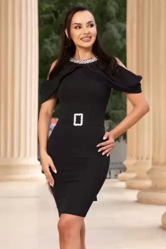 Rochie neagra de ocazie conica cu colier din strassuri