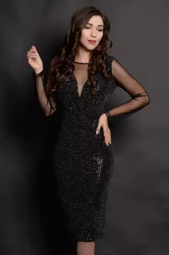 Rochie neagra eleganta de ocazie Celeste cu paiete si maneci din tulle