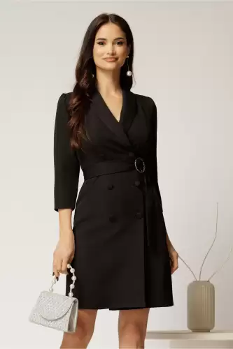 Rochie neagra stil sacou cu rand dublu de nasturi si cordon in talie