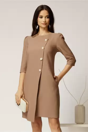 Rochie office din stofa bej cu nasturi perlati