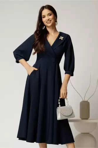 Rochie office din stofa bleumarin cu bust petrecut si rever