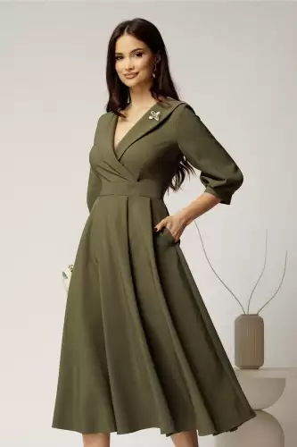 Rochie office din stofa kaki cu bust petrecut si rever