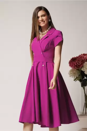 Rochie office din stofa magenta cu nasturi si cordon decorativ in talie