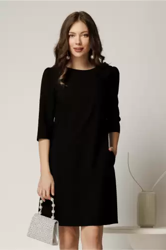 Rochie office din stofa neagra cu floare pe umar