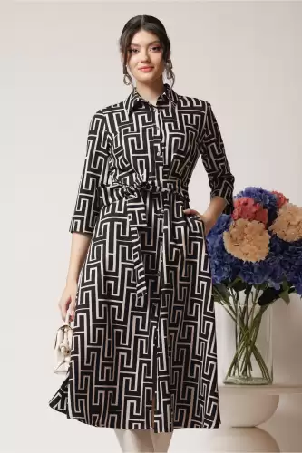 Rochie office din stofa neagra cu imprimeu ivory si cordon in talie