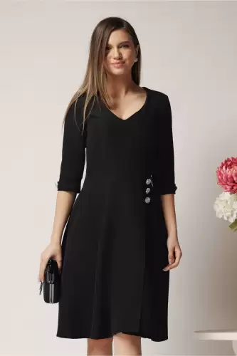 Rochie office din stofa neagra cu nasturi in talie