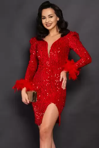 Rochie rosie de ocazie scurta Elma cu paiete si fulgi