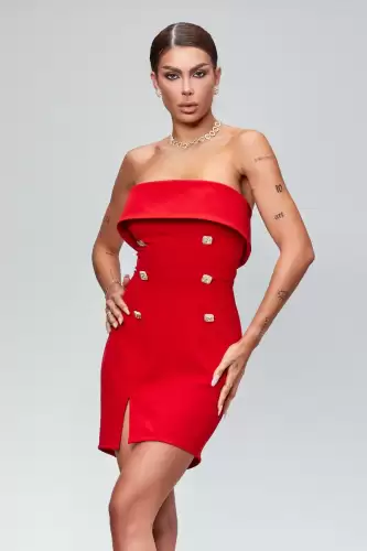 Rochie rosie scurta cu volan la bust