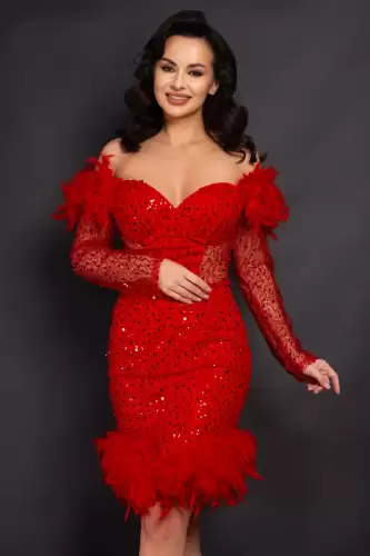 Rochie rosie Valentina scurta cu paiete si fulgi