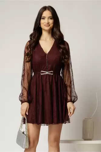 Rochie scurta bordo din dantela cu maneci bufante si curea