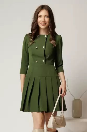Rochie scurta kaki cu nasturi pe bust si pliuri pe fusta